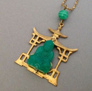 Vintage Necklace Brass Pagoda W Carved Green Peking Glass Buddha Pendant