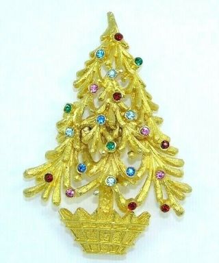 Vintage Mylu Christmas Tree Pin Brooch Pastel Rhinestones Gold Tone