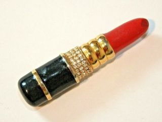 Vintage Kjl Kenneth Jay Lane Red Lipstick Tube Brooch Pin W/gold & Rhinestones