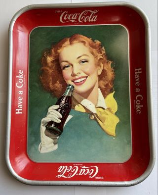 Vintage Coca - Cola Tray - Red Hair Girl With Yellow Scarf 1948