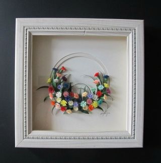 Vintage Tiny Flowers Quilling Paper Art Signed Soyoung Shadow Box Display Craft