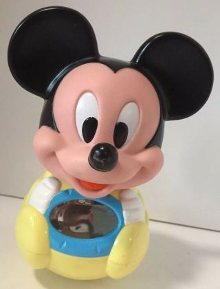 Vintage 1984 Baby Mickey Mouse Disney Yellow Chime Roly Poly Baby Toy Mirror 7 "