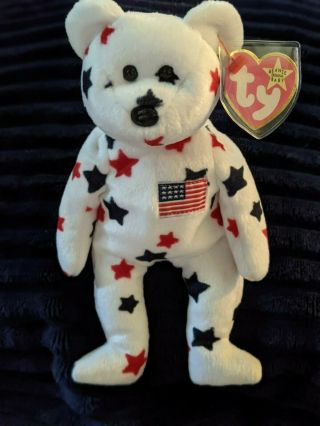 Rare Ty Beanie Baby,  Glory Bear,  With Tag Errors,  Tag And Case,  Red Stamp