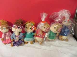 Set 6 Ty Beanie Babies Alvin & Chipmunks Simon & Chipettes Squeekquel W Tag