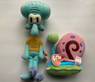 Ty Beanie Babies Squidward Tentacles 9” Plush And Gary 2004 Spongebob