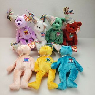 Ty Beanie Babies Party Hat Birthday Bears [lot Of 7] Gem Nose Holo Tush Tag 2002