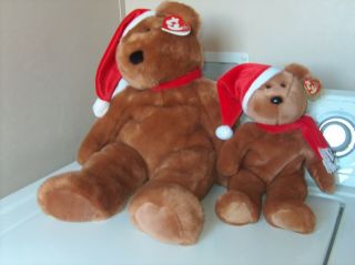 Ty Large 1997 Holiday Teddy Bear,  Buddy And 2 Beanies With Pvc Pellets