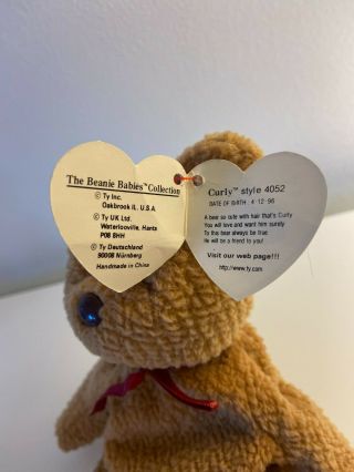 Ty Beanie Babies Curly The Bear Plush Style - 4052,  Dob: 4 - 12 - 96