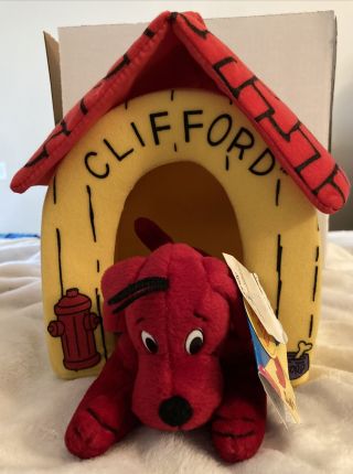 Vintage 1997 Clifford The Big Red Dog Plush Keychain With Plush Dog House