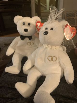 2001 Mr & Mrs Ty Beanie Baby Plush Bride And Groom Bears Retired Wedding W Tags