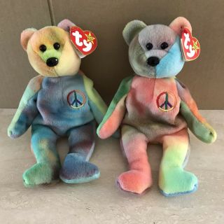 2 Ty Beanie Babies Peace Bears 1996 W/ Tags (ships) Please Adopt Us