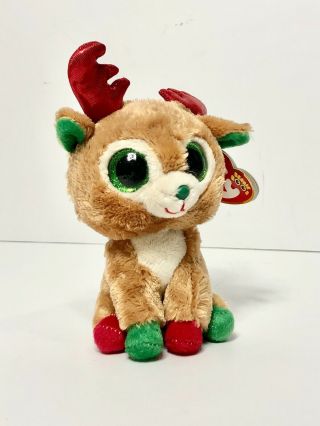 Ty Beanie Boos Alpine Christmas Reindeer 6 " Plush Green Glitter Eyes With Tags