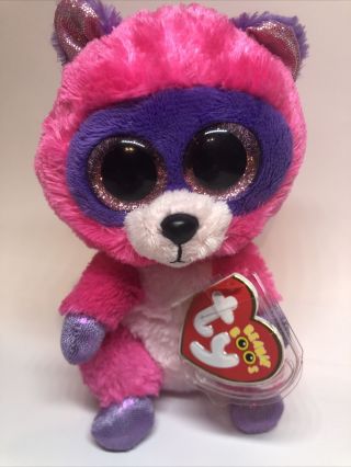 Ty Beanie Boos Roxie The Raccoon 6 " Plush Toy Pink Glitter Eyes Ear Mwmts 2015