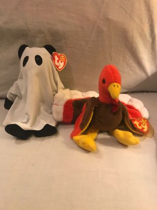2 Vintage Ty Beanie Babies Gobbles The Turkey And Shudders The Ghost Bear