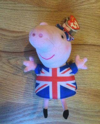 Ty Peppa Pig Union Jack Uk 6 " Beanie Baby - Creased Heart Tag