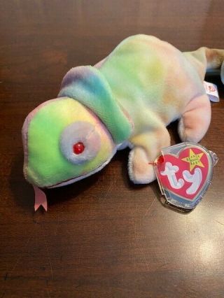 Rainbow Chameleon Beanie Baby,  One - Of - A - Kind Pattern,  With Tags And Tag Protector