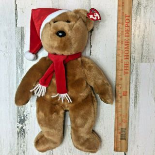 Ty Beanie Buddies 1997 Holiday Teddy Bear 15 " Plush Santa Hat Scarf Christmas.