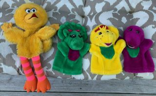 Vintage Hand Puppets Barney,  Baby Bop,  Bj & Big Bird From Sesame Street