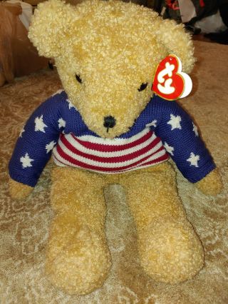 Ty Large Curly " Stars And Stripes Forever " Gold Bear W/sweater 1991 24 Inches