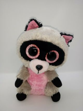 Ty Beanie Boos Rocco Raccoon 6 " Plush Gray Black Pink Glitter Eyes Stuffed Toy