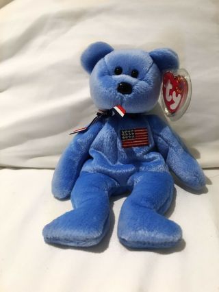 Rare Ty Beanie Baby America (blue) Patriotic Bear 9/11 Red Cross Plush Toy 8 "
