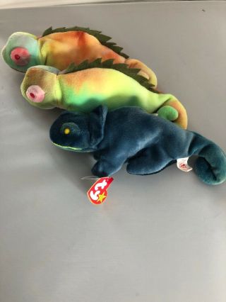 3 Ty Beanie Baby Babies Rainbow 1997 Pe And 2 Iggy No Tongue Tie Dyed 1997 Pvc