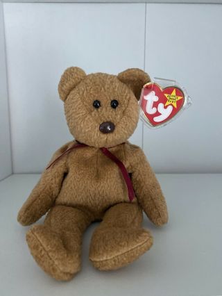 Ty Beanie Baby Curly Teddy Bear Tags 1996 Red Bow Plush Toy Boxed