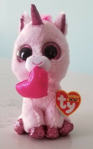Ty Beanie Boos Sparkly Eyes Plush Stuffed Toy Pink Unicorn With Heart Darling 6 "