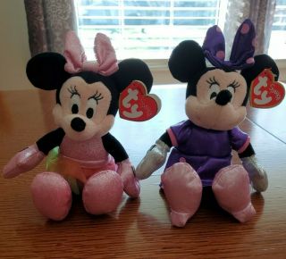 Set Of 2 Ty Beanie Baby 8 " Disney Sparkle Ballerina & Purple Dress Minnie Mouse
