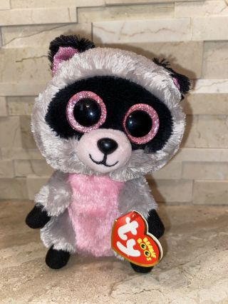 Ty Beanie Boos Rocco Raccoon 6 " Plush Gray Black Pink Glitter Eyes Stuffed Toy