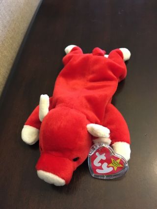 1995 Retired Snort The Bull Beanie Baby Pvc Pellets Red Stuffed Toy