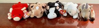 5 Ty Beanie Babies Fleece,  Goatee,  Derby,  Daisy,  Snort - Retired - With Tags