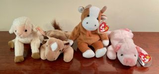 4 Ty Beanie Babies - “ewey” Lamb,  “derby” Horse,  “squealer” Pig,  & “bessie” Cow