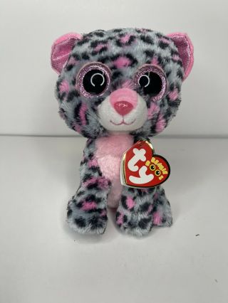 Ty Beanie Boo Tasha Leopard Plush 6 " Stuffed Animal Pink Grey Toy Glitter Eyes