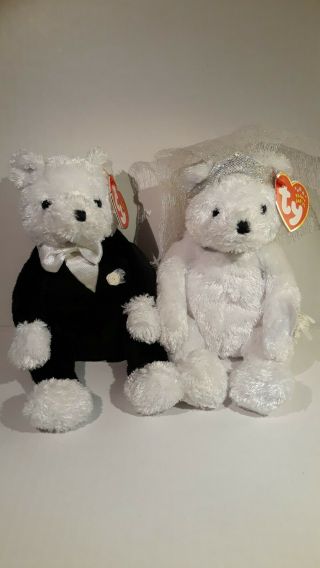 Ty Beanie Baby Retired 2002 " Bride And Groom " Plush Fuzzy Wedding Bear Set
