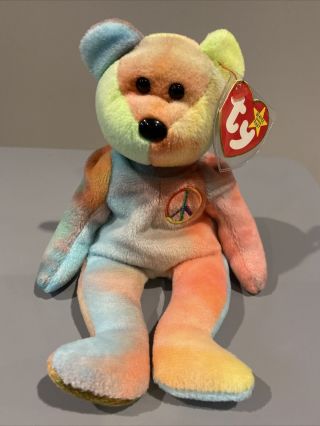 Ty Beanie Baby Peace Bear 1996 W/ Tag Protector Tie Dye Stuffed Animal