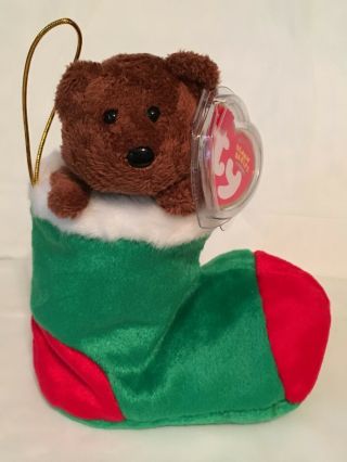Ty Beanie Baby - Stockings Christmas Bear In A Stocking - Pristine W/ Tags