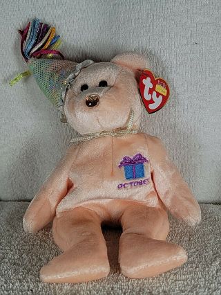 Ty Beanie Baby - October The Birthday Bear W/party Hat Stuffed Animal Toy.