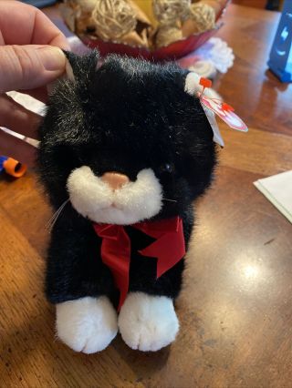Ty Classic Boots Black White Plush Kitty Cat Red Bow 1997 Stuffed Animal