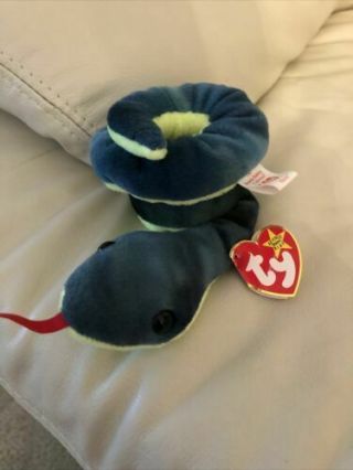Rare Ty Beanie Baby Hissy The Snake With Tush Tag And Poem Errors Pvc