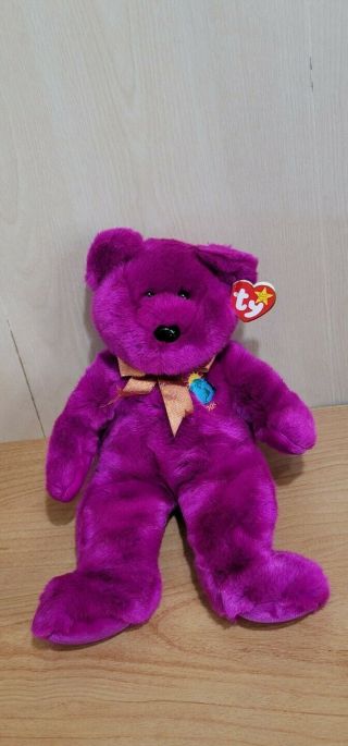 Ty Beanie Buddy Baby Boos 2000 Millennium Teddy Bear Purple Bow Years