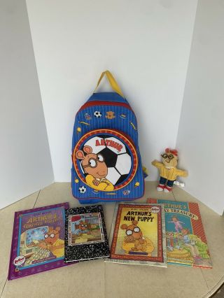 Vintage Pbs 1997 Arthur Marc Brown Bag Backpack With Vintage Books And Keychain