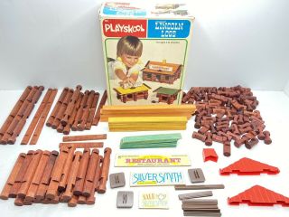 Vintage 1978 Playskool Lincoln Logs 886 Wooden Toys With Signs And Box