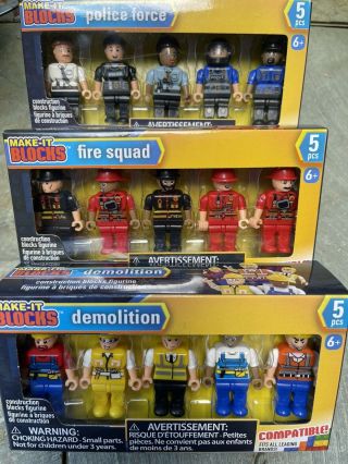 3 Packs Make - It Blocks Figures Fire Squad Police Force And Demolition Teams