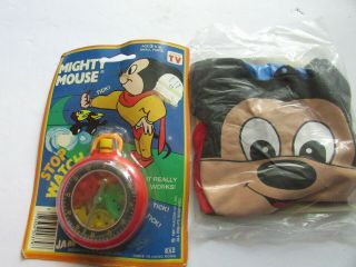 Vintage Mighty Mouse Stop Watch Toy And Inflatable Blow Up Both In Packae