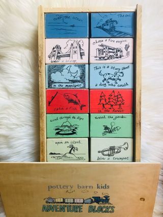Vintage Pottery Barn Kids Adventure Blocks 24 Wooden Animals Places Things Words