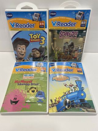 4 Vtech V.  Reader Game Cartridges Toy Story 3 Scooby Doo Little Engine Mr Messy
