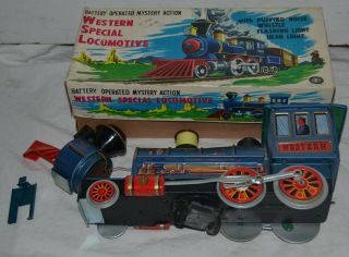 Vintage Battery Operated Mystery Action Western Special Locomotive Tin Train