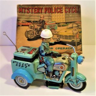 Tin Windup Friction Mystery Police Motorcycle Trike Box Yoshiya Japan
