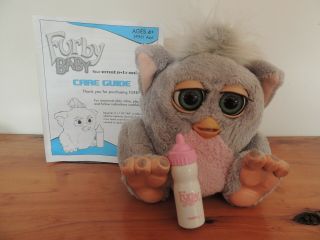 Furby Baby 2005 Pink And Grey With Bottle And Instructions.